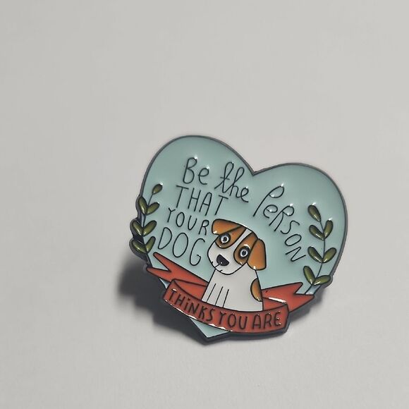 Whimsical Brown and White Dog Enamel Pin with Heart Frame - Picture 1 of 2